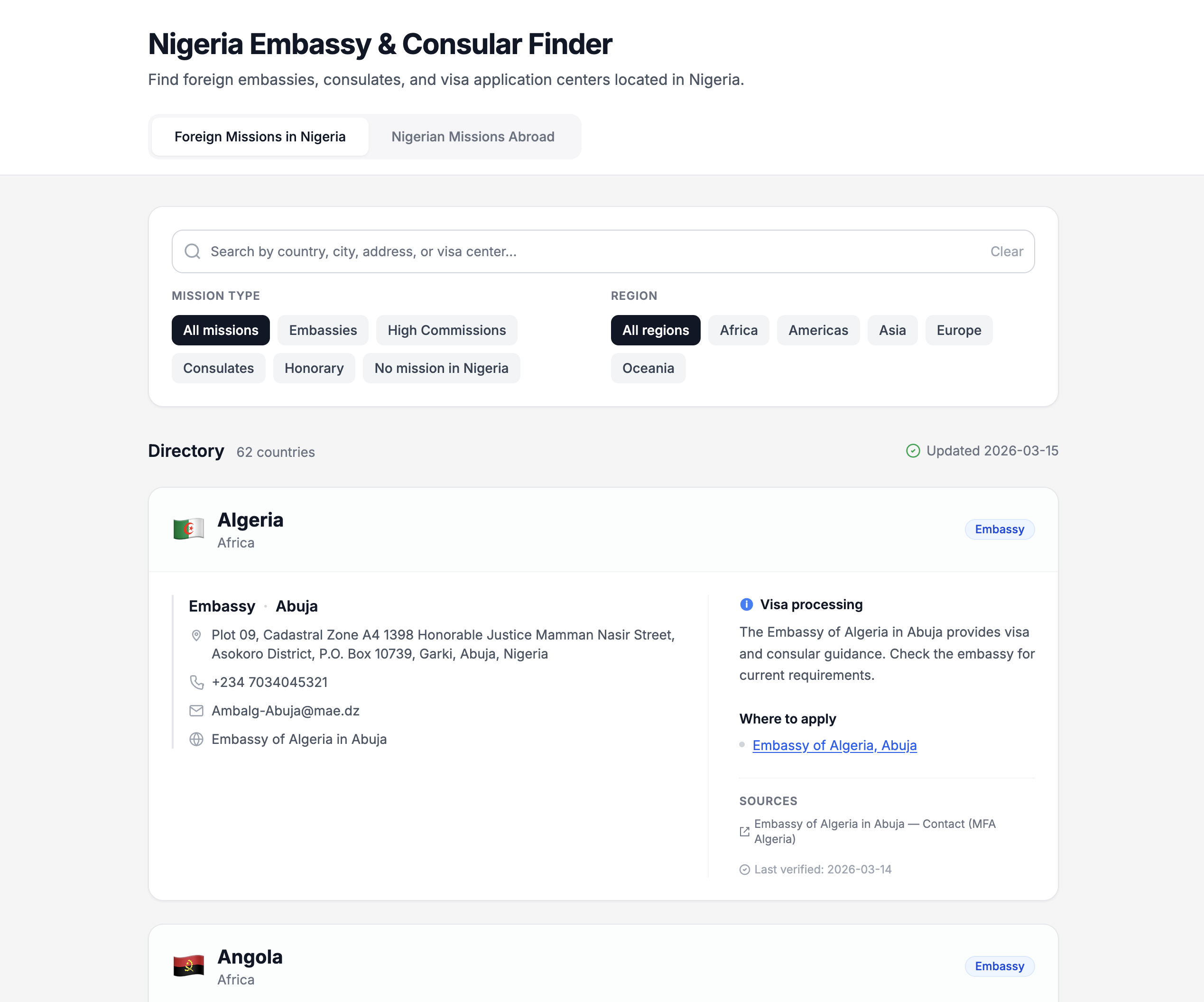 Nigeria Embassy Finder search interface