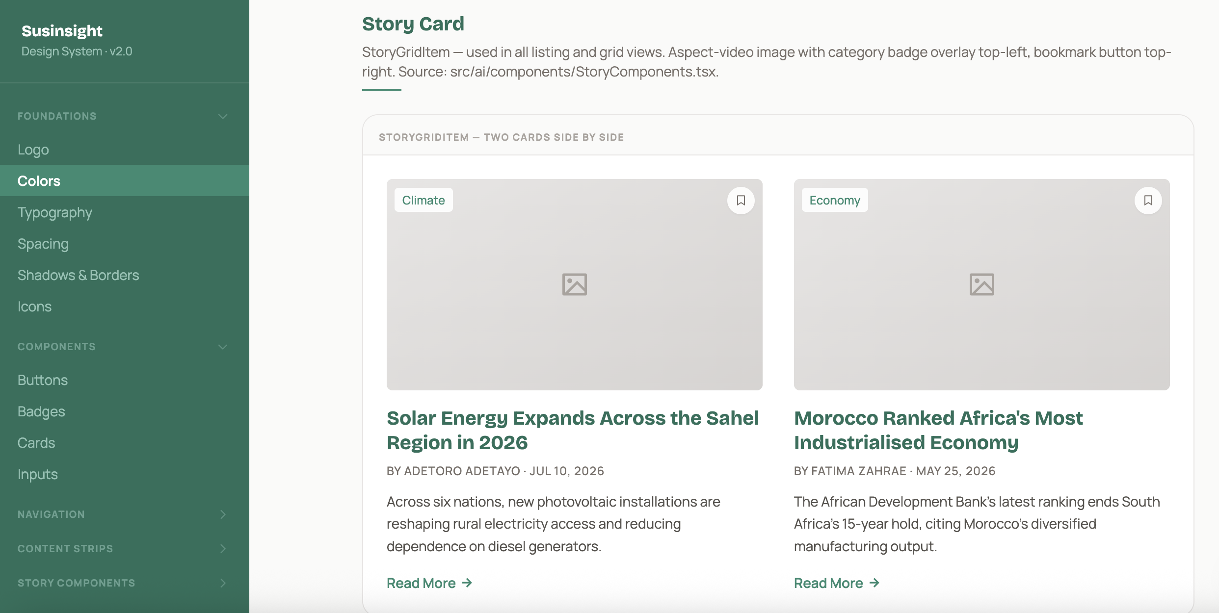 Susinsight design system showing story card components