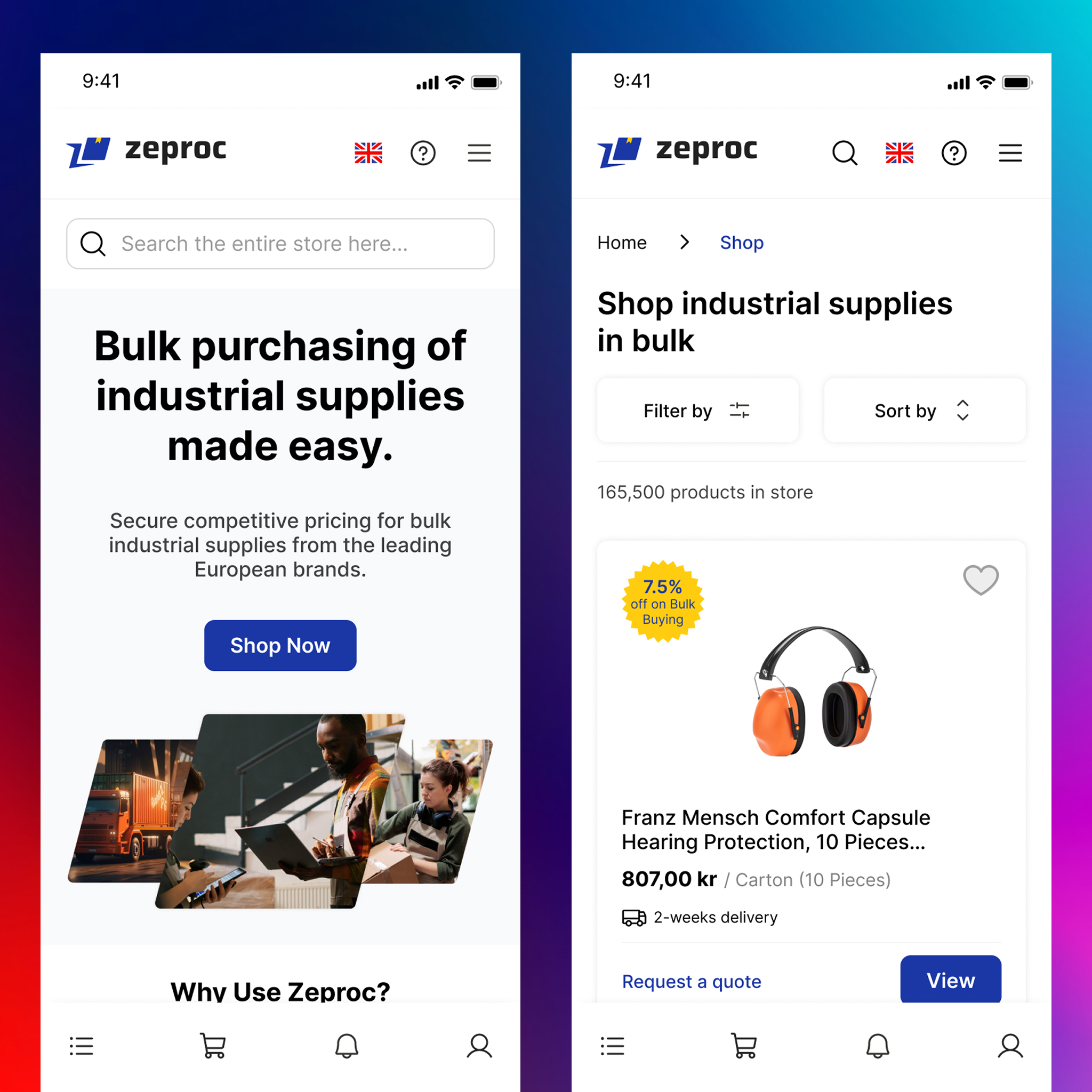 Zeproc industrial procurement marketplace screens